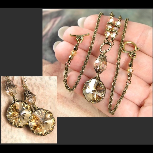 Swarovski Crystal Golden Champagne Necklace - Antique Style - Picture 4 of 5